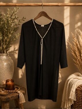 COVER ME Black Sheer Tunic • Convertible Faux Pearl Necklace • Custom Detail L